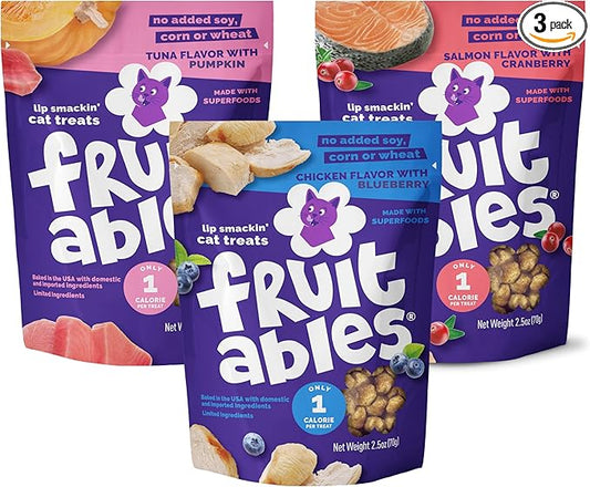 Fruitables Cat Treats - Crunchy Treats for Cats - Healthy Low Calories Packed with Protein - Free of Wheat, Corn and Soy - Made with Real Salmon, Tuna, Chicken - 2.5 Oz (3 Pk)