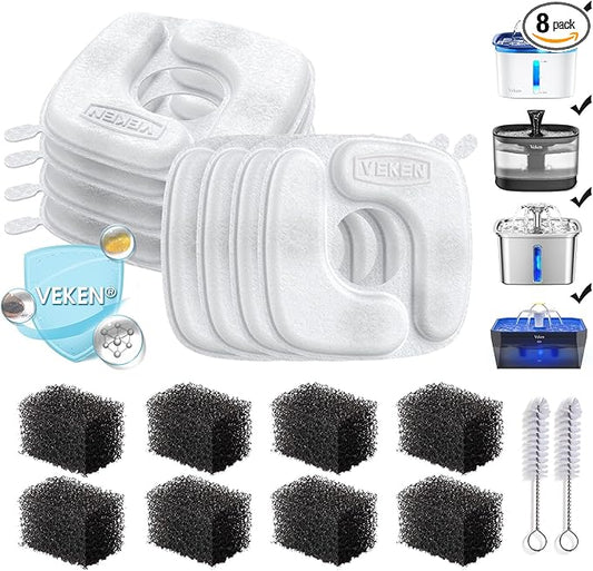 Veken Cat Water Fountain Filters, 8 Pack Replacement Filters & 8 Pack Replacement Pre-Filter Sponges Set for 50oz, 84oz, 95oz or 108oz Automatic Pet Fountain Dog Water Dispenser
