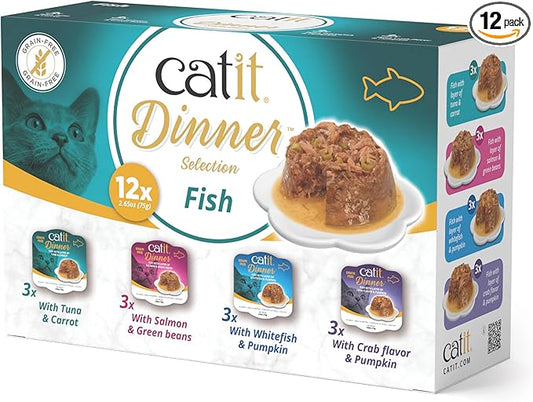 Catit Dinner Fish Multipack Wet Cat Food, 12 Pack – Vegetables and Pumpkin, High Protein, Grain Free, with Taurine & Vitamins