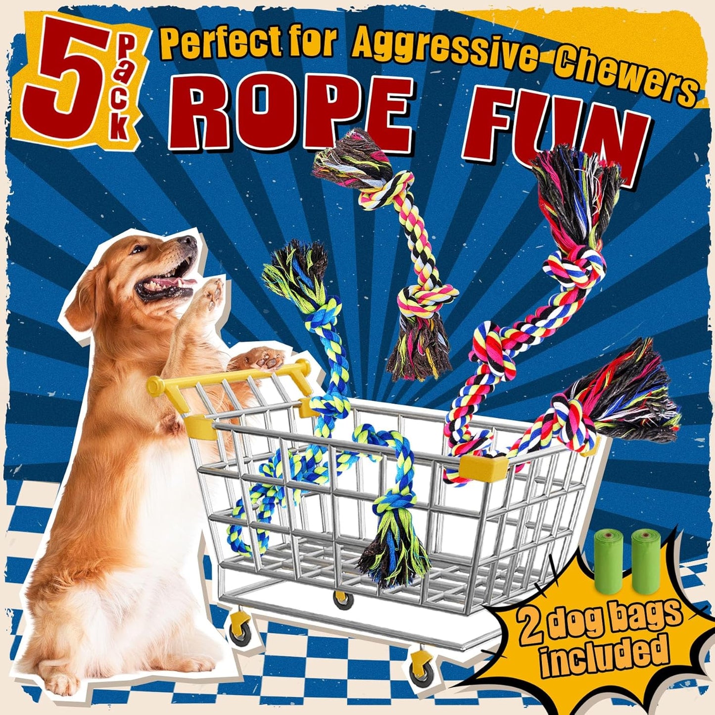 Forfon Tough & Strong Dog Toy for Aggressive Chewers – Tough Chew Toys for Large Dogs, Ideal for Tug-of-War & Teeth Cleaning, with 3 Rope Toys & 2 Dog Bags