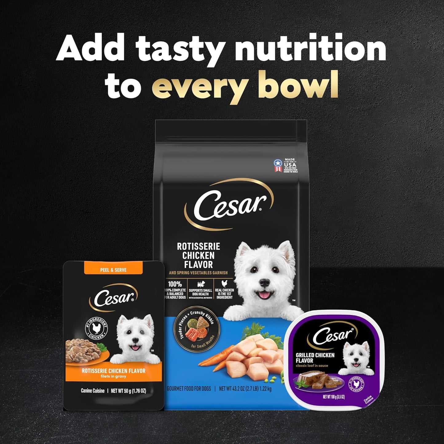 Cesar Filets in Gravy Wet Dog Food Rotisserie Chicken Flavor, Filet Mignon Flavor, and Wood-Grilled Chicken Variety Pack, Wet Food for Dogs, 1.76 oz. Mini-Pouches, 40 Count