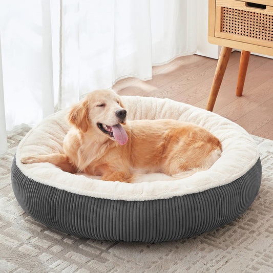 36 inches Donut Dog Bed for Large Dogs - Calming Round Pet Bed with Removable&Washable Cover, Plush Faux Fur & Corduroy, Fits Pets up to 80 lbs(Dark Grey, Large)