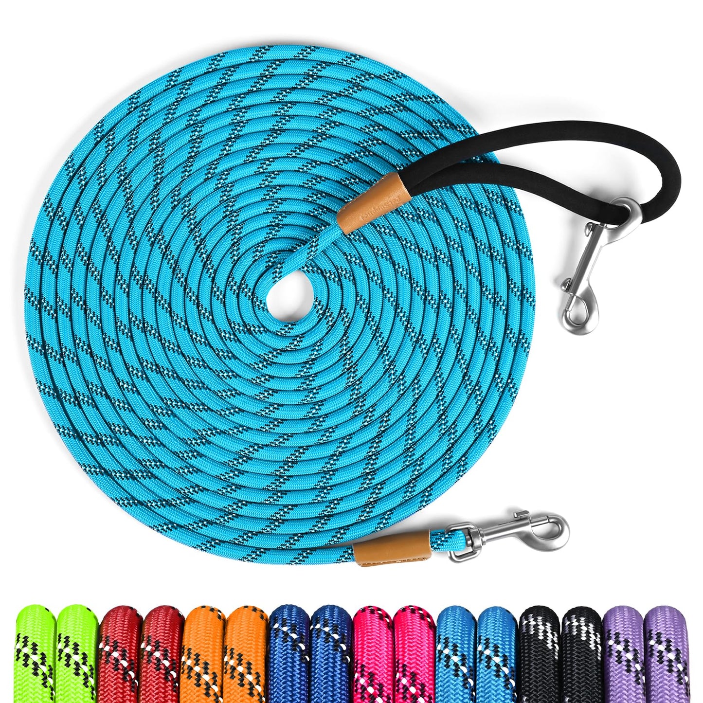 lynxking Long Dog Leash Reflective 15ft 30ft 50ft Check Cord Training Lead Padded Handle Heavy Duty Rope for Puppy Small Medium Large Dogs (Light
