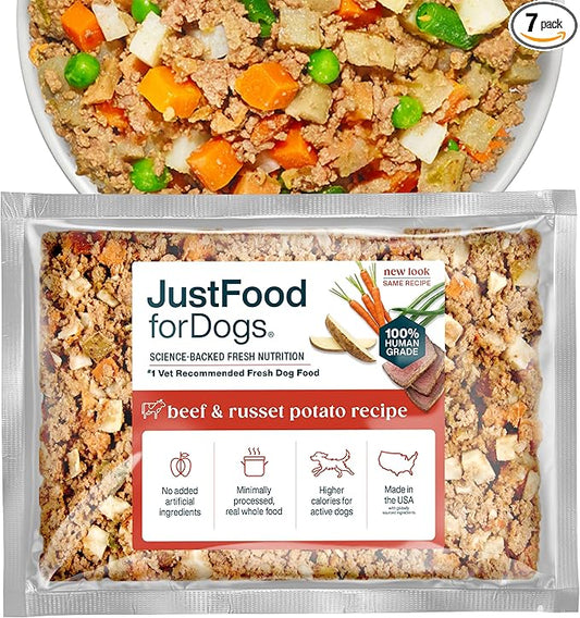 JustFoodForDogs Frozen Fresh Dog Food, Complete Meal or Topper, Beef & Russet Potato Human Grade Recipe, 18 oz (Pack of 7)