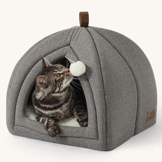 Bedsure Cat Beds for Indoor - 2 in 1 Cat Cave House Tent for Kittens and Small Pets with Removable Washable Cushioned Pillow, Foldable Kitten Hideaway with Non-Slip Bottom, Grey, 16 inches