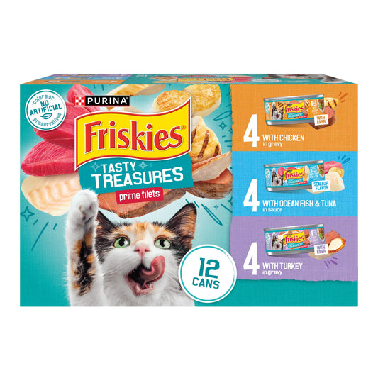 Purina Friskies Wet Cat Food Variety Pack, Tasty Treasures  Filets (With Ocean Fish and Tuna, With Chicken and With Turkey) - 5.5 Ounce (Pack of 12)