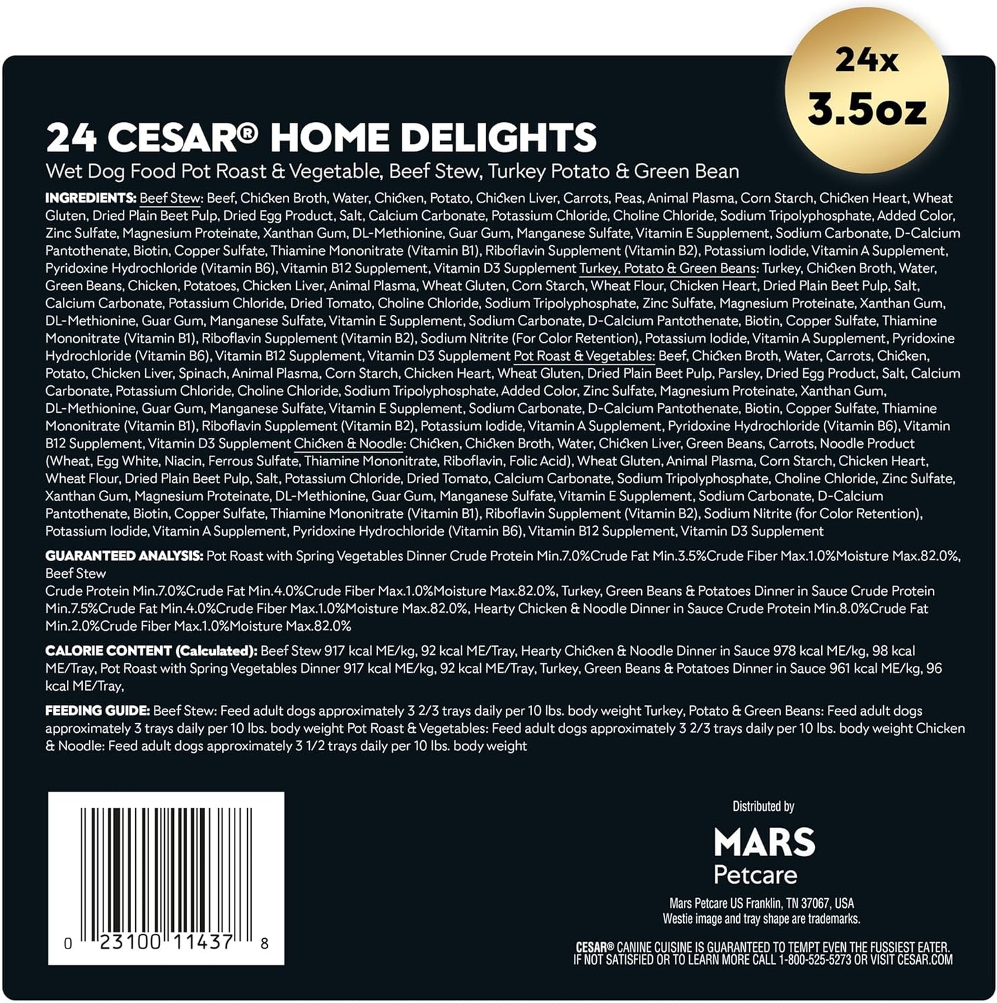 Cesar Home Delights Adult Wet Dog Food, Pot Roast with Spring Vegetables, Beef Stew, Turkey, Green Beans, & Potatoes, and Hearty Chicken & Noodle Dinner in Sauce Variety Pack, 3.5 oz. 24 Count