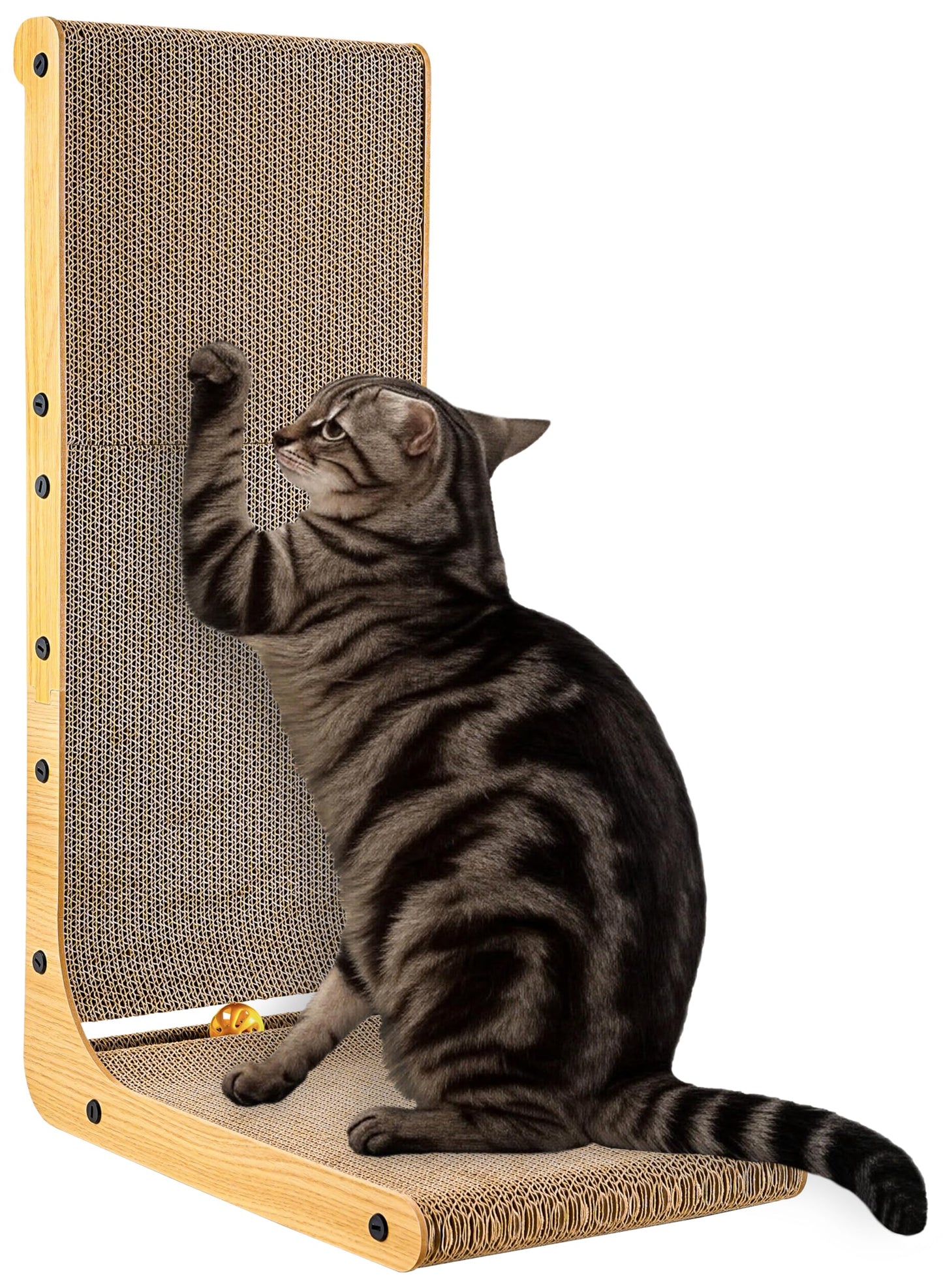Cat Scratcher, 26.8 Inch L-Shaped Cat Scratch Pad with Wall-Friendly Arc, Cardboard Cat Scratching Board with Ball Toy for Indoor Cats