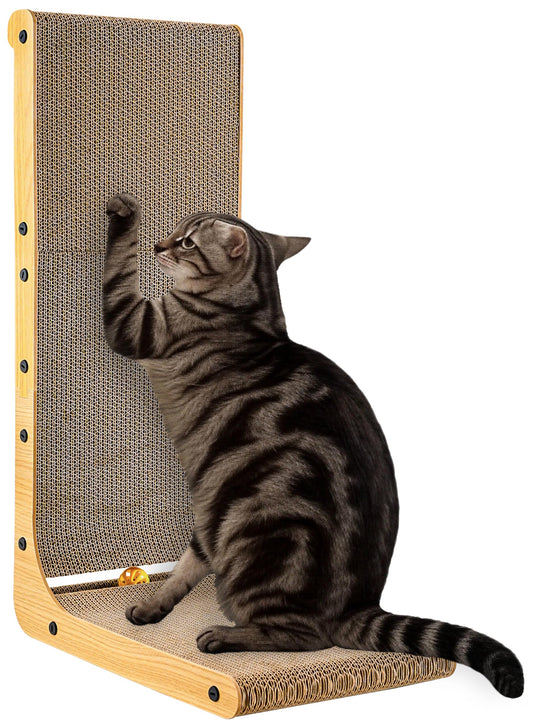Cat Scratcher, 26.8 Inch L-Shaped Cat Scratch Pad with Wall-Friendly Arc, Cardboard Cat Scratching Board with Ball Toy for Indoor Cats