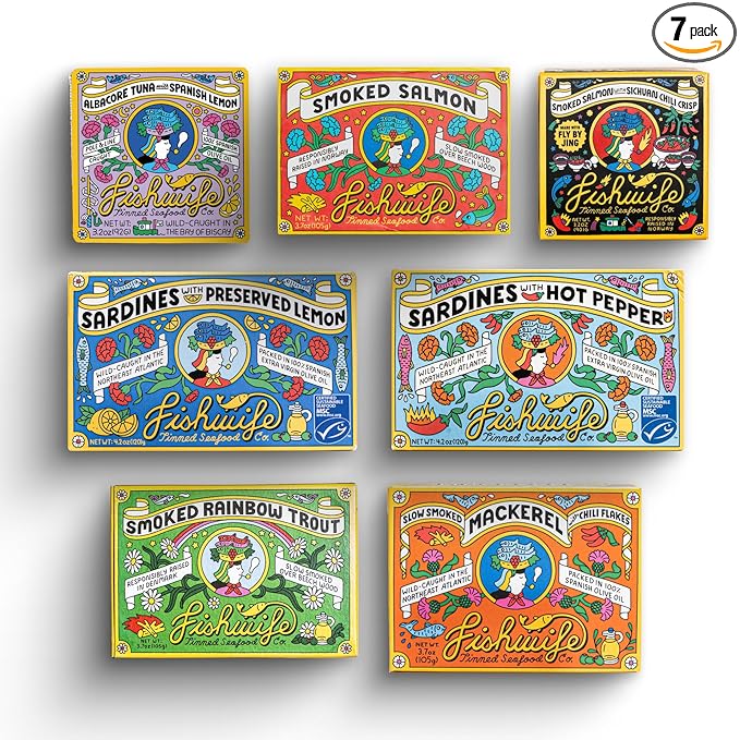 Fishwife Starter 7-Pack (Variety of Tinned Seafood including Smoked Salmon, Rainbow Trout, Sardines, Tuna & More!) | Gluten Free, High Protein, Omega-3s | Hand-Packed