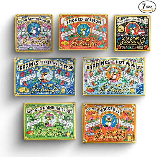 Fishwife Starter 7-Pack (Variety of Tinned Seafood including Smoked Salmon, Rainbow Trout, Sardines, Tuna & More!) | Gluten Free, High Protein, Omega-3s | Hand-Packed