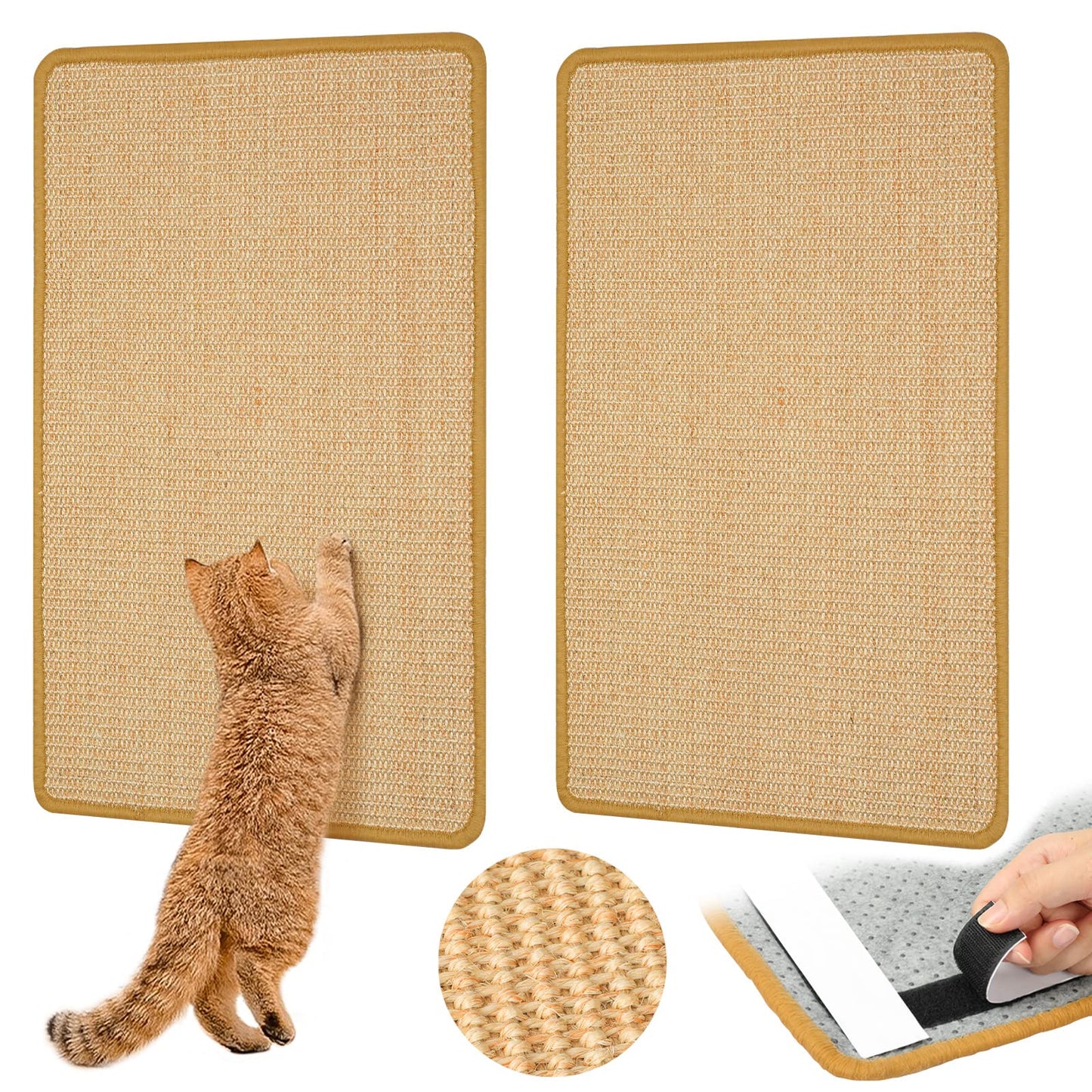 Carpet Cat Scratching Mat Sisal, 2 Packs Sisal Fabric Large 23.6" x 15.7" Scratching Pad for Indoor Cats with Adhesive Hook Loop Tape, Cat Scratching Rug Wall Scratchers for Indoor