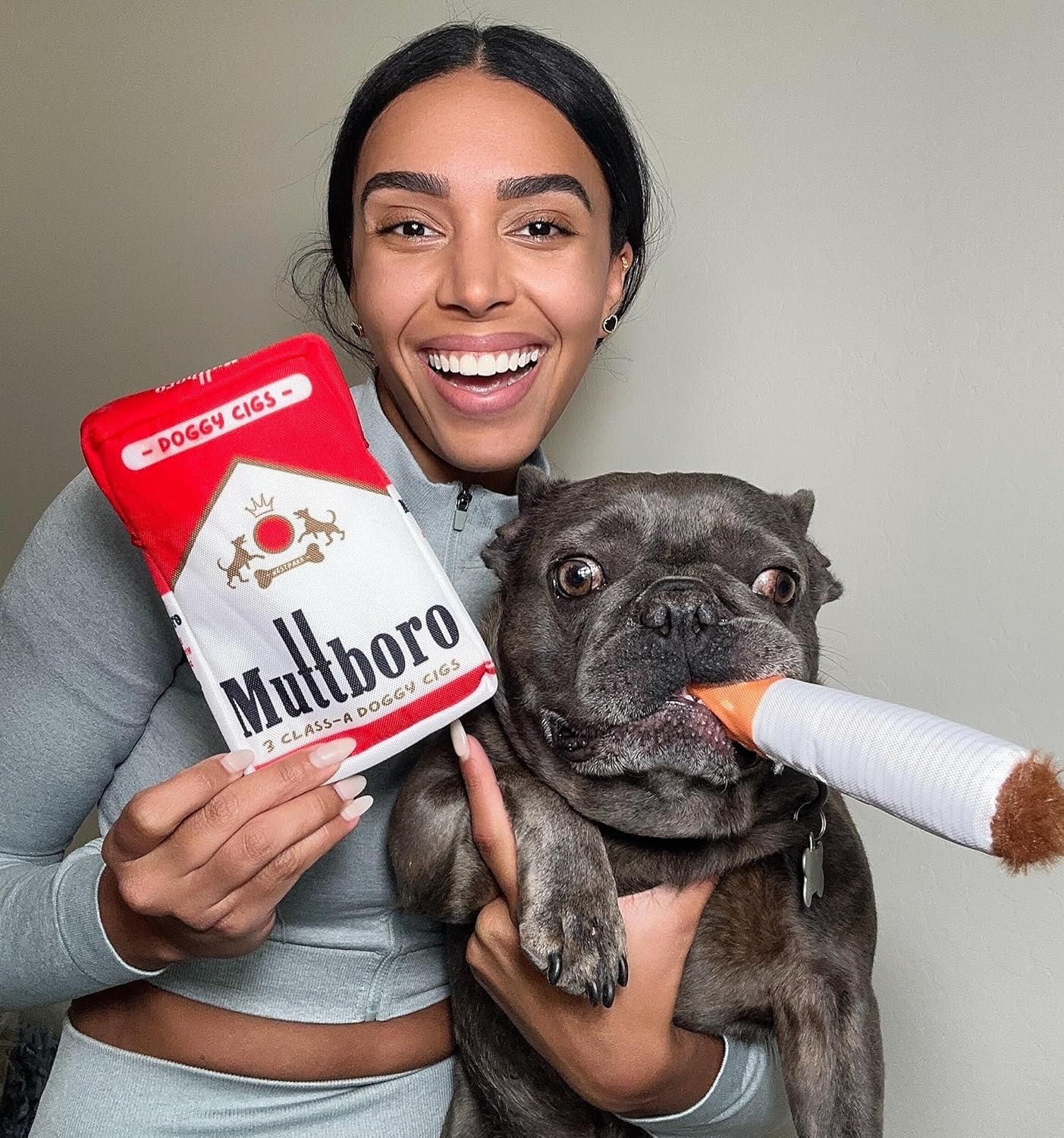 Nestpark Muttboro Doggy Cigs Funny Dog Toys - Parody Plush Squeaky Crinkle Interactive Dog Toy - Hide and Seek Treat Hiding Burrow Puzzle Toy for