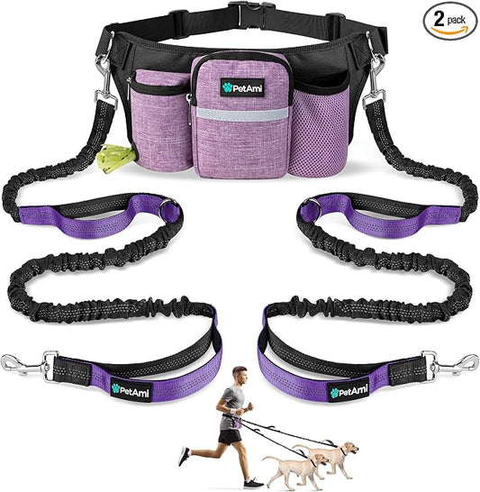 PetAmi Premium Hands Free Dog Leash for 2 Dogs, Adjustable Waist Belt Leash for Dog Walking, Fanny Pack Accessories Bag Dual Bungee Leash for