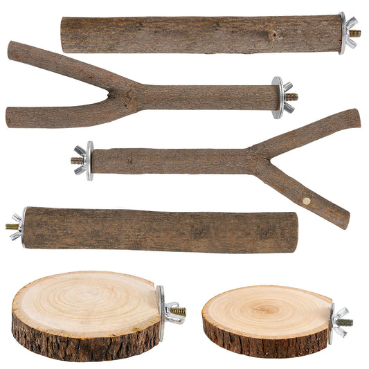 6 PCS Bird Perch Set, Natural Birch Wood Straight & Forked Perches with Platforms for Parakeets, Cockatiels, Conures, Lovebirds - Cage Accessories for Climbing & Exercise