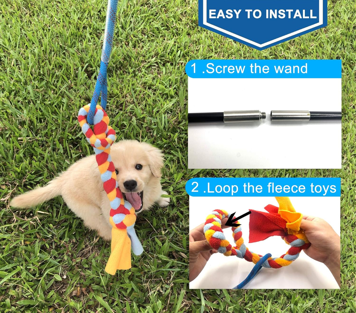 Interactive Flirt Pole Toy for Dogs Chase and Tug of War,Durable Teaser Wand with Pet Fleece Rope Tether Lure Toy to Outdoor Exercise & Training for Small Medium Large Dogs (Blue/Red, POLE-35 inches)