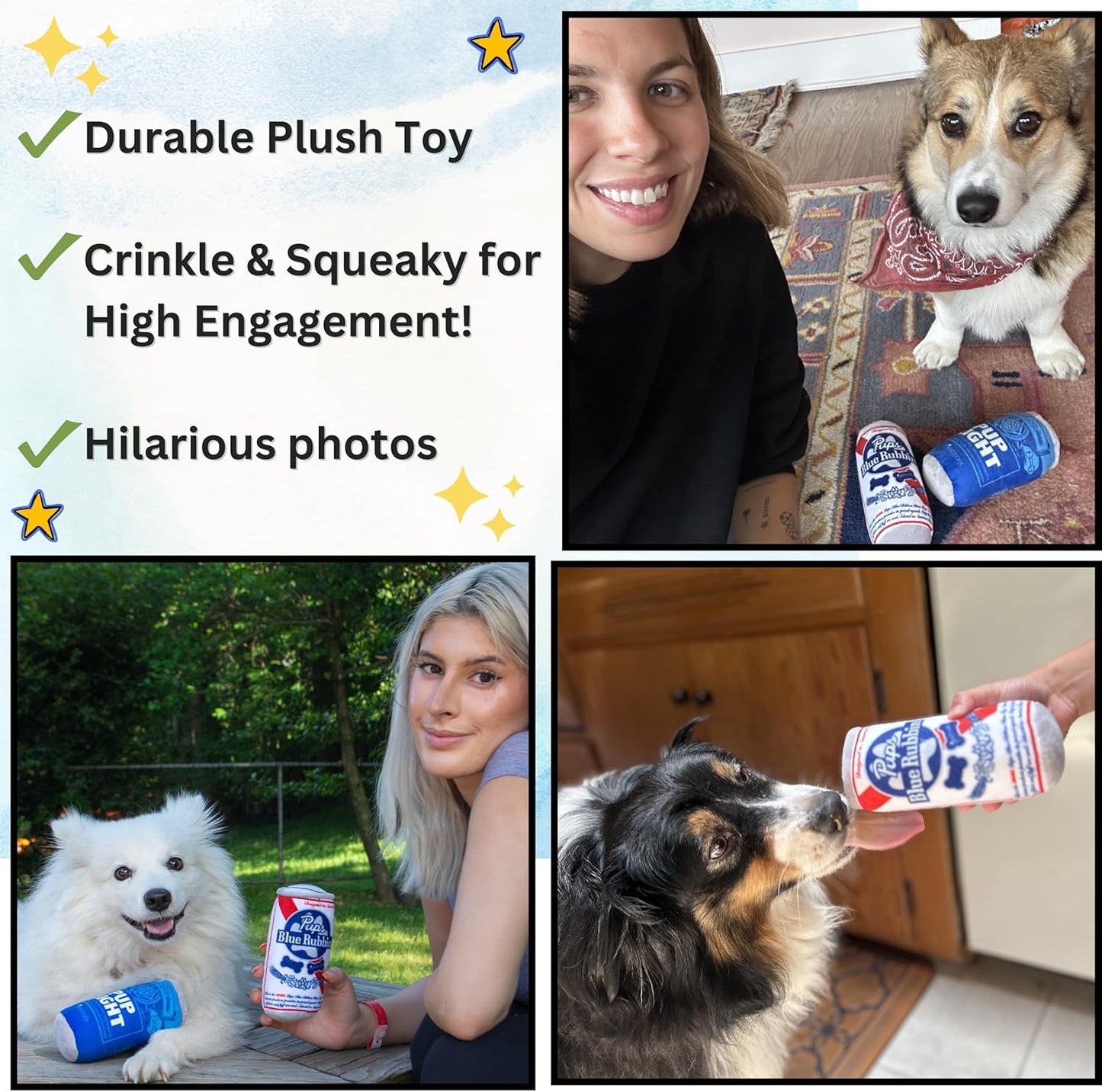 Nestpark Pup Light and Pups Blue Rubbin - Parody Beer Dog Toys - Funny Plush Squeaky and Crinkle Dog Toys Dog Gifts for Dog Birthday (2 Pack) (Mix)