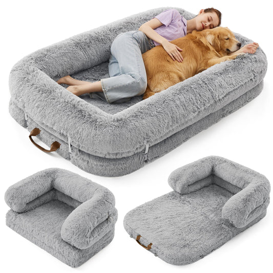 LE SURE Foldable Human Dog Bed - 3 in 1 Flexible Giant Human Dog Bed for Adult People with Supportive Bolster Egg Foam, Waterproof Liner, Calming Fluffy Faux Fur Orthopedic Big Bean Bed, Soft Grey