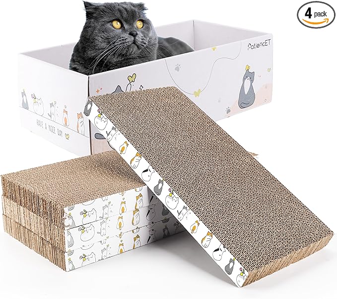 PatiencET Cat Scratch Pad with Box, 4 Pack Cardboard Cat Scratcher Lounge Bed for Indoor Cats, Reversible Corrugated Scratching Board Refill with Catnip